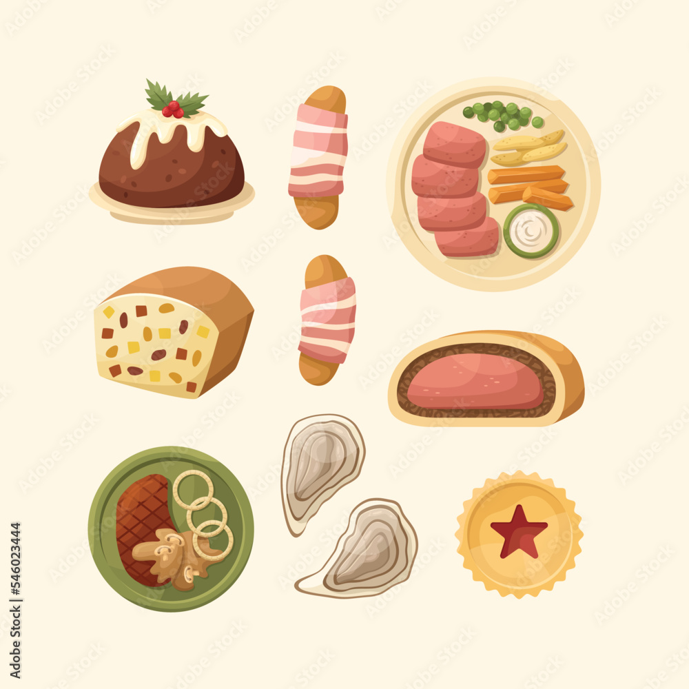 Vector set of illustrations of English dishes. Kitchen for New Year and Christmas. Flat style. Vector set of illustrations of English dishes. Kitchen for New Year and Christmas. Flat style.