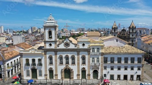 Wonderful panoramic view of Pelourinho neighborhood with colorful houses, colonial churches and old streets in the heart of Salvador, Bahia, Brazil 
