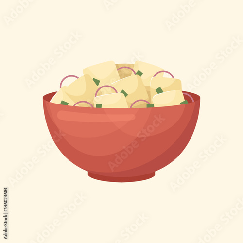 Vector illustration of an American dish - potato salad. Kitchen for New Year and Christmas. Flat style.