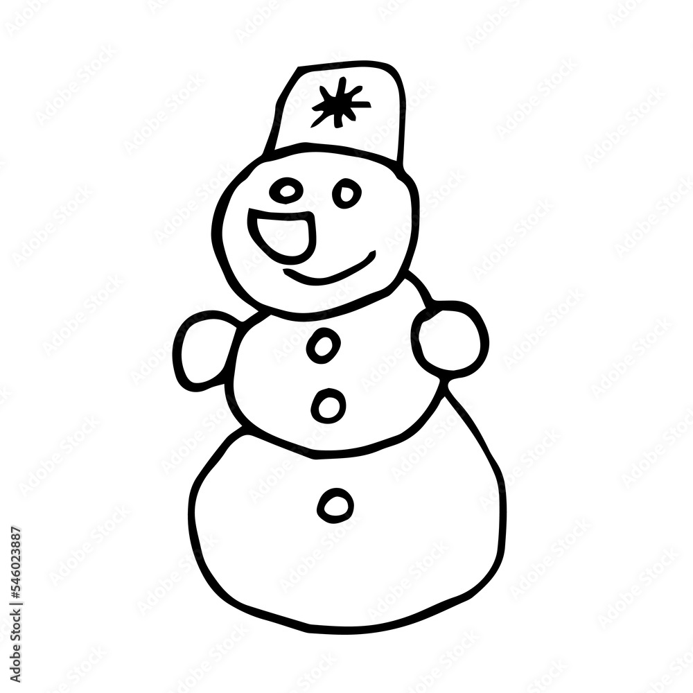 snowman in hat. Concept New Year, Christmas, holidays. Hand drawn vector illustration in doodle style outline drawing isolated on white background. snowman in hat. Concept New Year, Christmas, holidays. Hand drawn vector illustration in doodle style outline drawing isolated on white background.