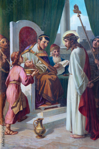 VARALLO, ITALY - JULY 17, 2022: The painting Jesus before Pilate as part of Cross way in the church Basilica del Sacro Monte by Emilio Contini from 20. cent.