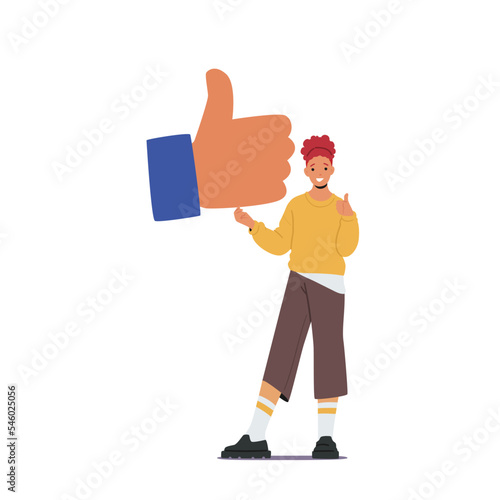 Like At Social Network, Success Or Good Feedback in Social Media Community Concept. Female Character Follower Gives Like