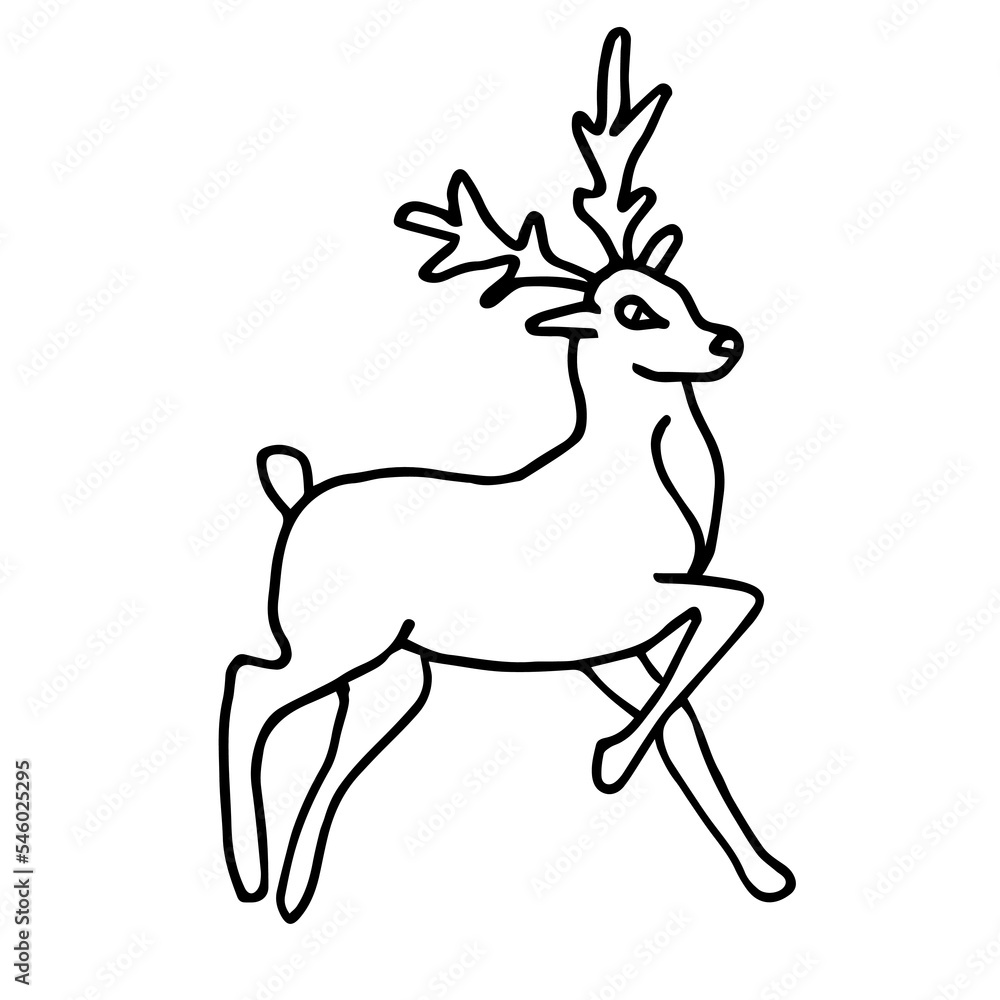 Fototapeta premium Hand-drawn Christmas deer doodle. Simple vector illustration isolated on a white background.