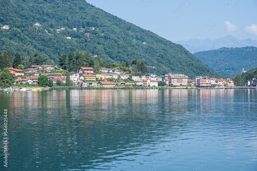 landscape of the Lake Lugano with Ponte Tresa reflecting on the water