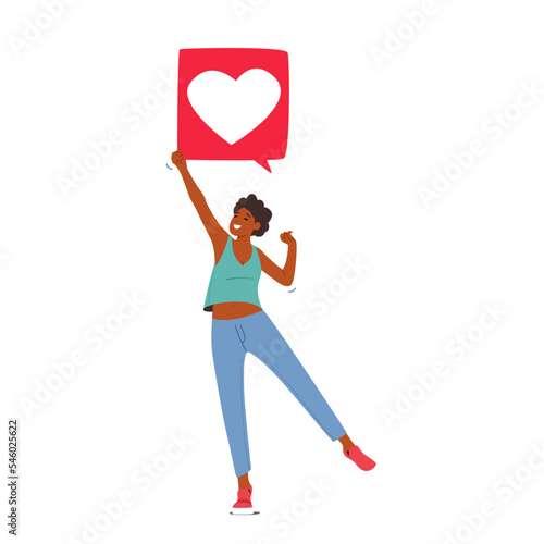Virtual Communication In Networks Concept. African Female Character Holding Heart Icon Like Notification Illustration