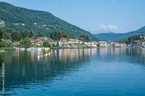 Landscape of the Lake Lugano with Ponte Tresa reflecting on the water