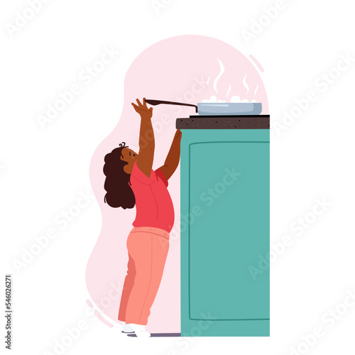 Kid In A Dangerous Situation, Little Child Trying To Reach Out Hot Pan On Oven, Risk At Home Concept With Baby Girl