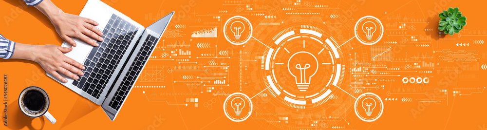 Idea light bulb theme with person using a laptop computer Idea light bulb theme with person using a laptop computer
