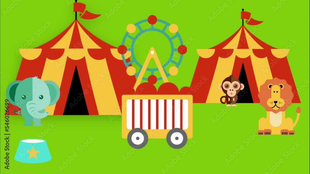 Cute Circus animals at the fair, animated elephant jumping, monkey slow moving. Cute Circus animals at the fair, animated elephant jumping, monkey slow moving.