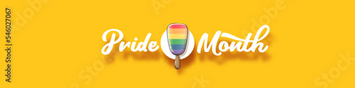 Happy pride month wide horizontal banner with pride color flag ice cream isolated on orange background. LGBT Pride month or pride day poster, invitation party card with popsicle