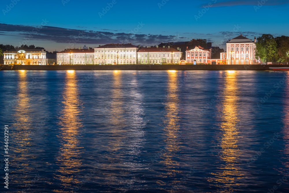 Night view of the embankment of the Neva River in the city of St. Petersburg. Russia