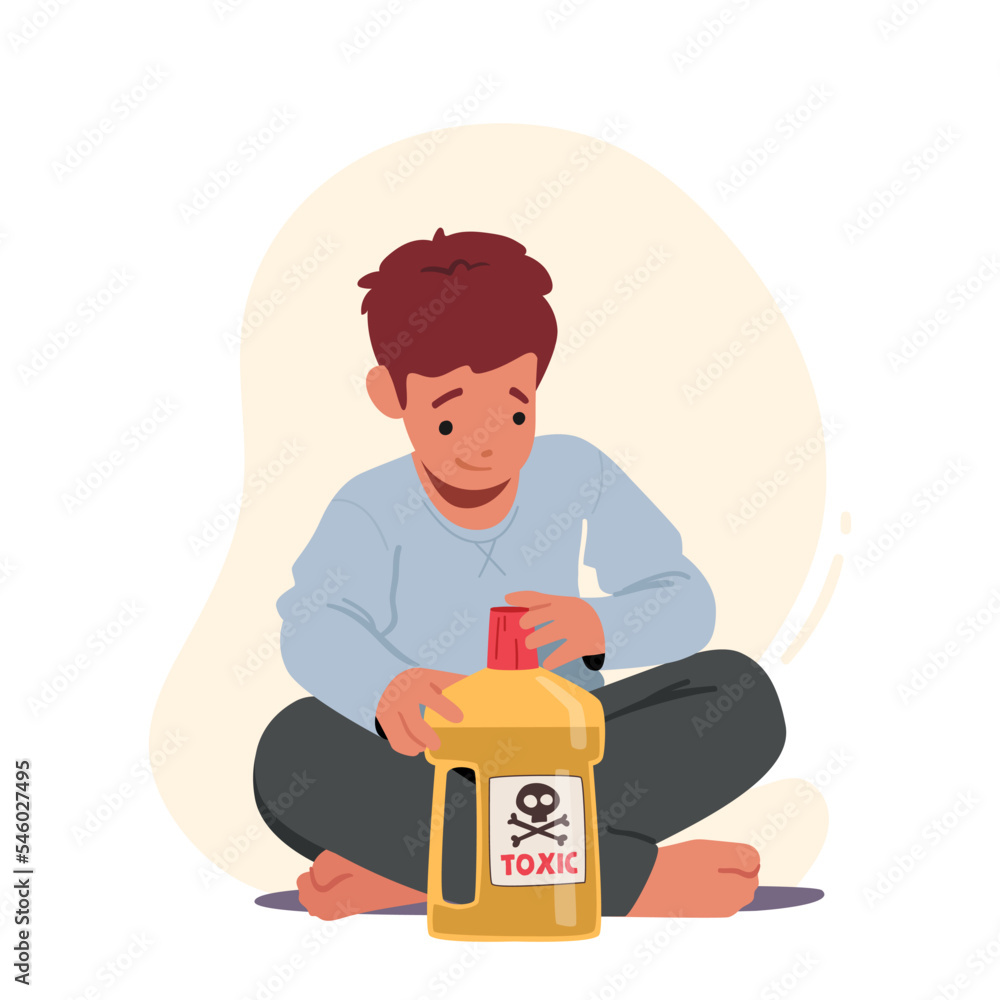 Kid In Dangerous Situation, Child Sitting on Floor Play With Toxic Liquid Opening Bottle with Hazardous Poison Kid In Dangerous Situation, Child Sitting on Floor Play With Toxic Liquid Opening Bottle with Hazardous Poison