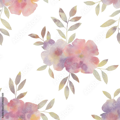 Watercolor bouquet, seamless botanical pattern. Flowers and leaves collected in a seamless pattern for design.