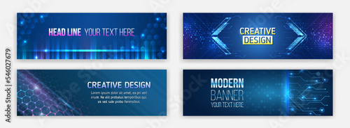 Set banner templates for websites. Abstract social media cover design. Horizontal header web background. High tech design with technological elements. Science and digital technology concept.