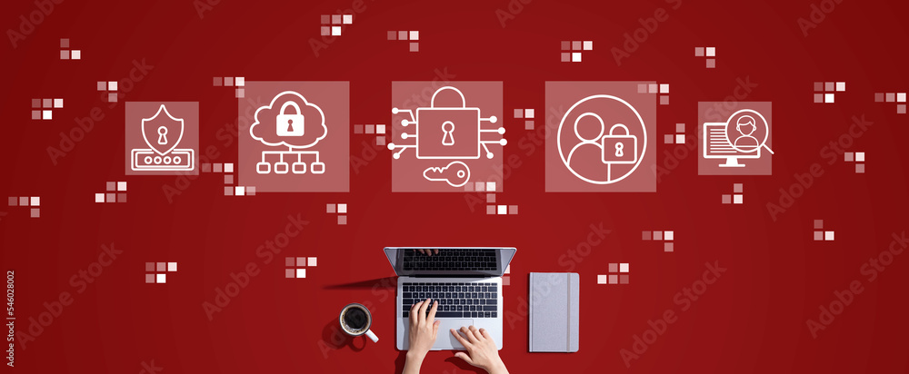 Data Security concept with person working with a laptop - obrazy, fototapety, plakaty 