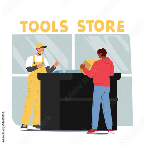 Construction Equipment Store. Male Character Buying Tools And Instruments In Hardware Shop. Man With Purchase