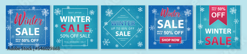 Winter and Christmas Sale square template set for ads posts in social media. Bundle of layouts with snowflakes and discounts. Suitable for mobile apps, banner design and web ads. Vector illustration.