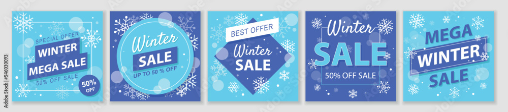 Winter and Christmas Sale square template set for ads posts in social media. Layouts bundle for clearance with snowflakes. Suitable for mobile apps, banner design and web ads. Vector illustration. - obrazy, fototapety, plakaty 