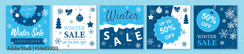 Winter and Christmas Sale square template set for ads posts in social media. Layouts bundle with snowflakes and decor toys. Suitable for mobile apps, banner design and web ads. Vector illustration.