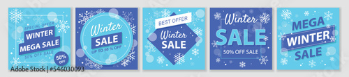 Winter and Christmas Sale square template set for ads posts in social media. Layouts bundle for clearance with snowflakes. Suitable for mobile apps, banner design and web ads. Vector illustration.