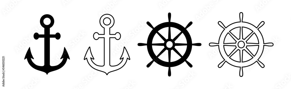 Anchor and helm ship icon. Black silhouette wheel and anchor isolated on white background. Simple outline for design travel print. Sailing graphic elements. Sea symbol steering. Vector illustration