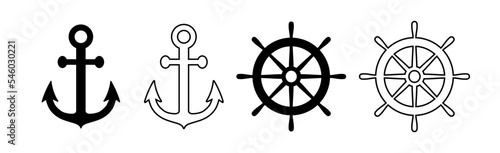 Anchor and helm ship icon. Black silhouette wheel and anchor isolated on white background. Simple outline for design travel print. Sailing graphic elements. Sea symbol steering. Vector illustration