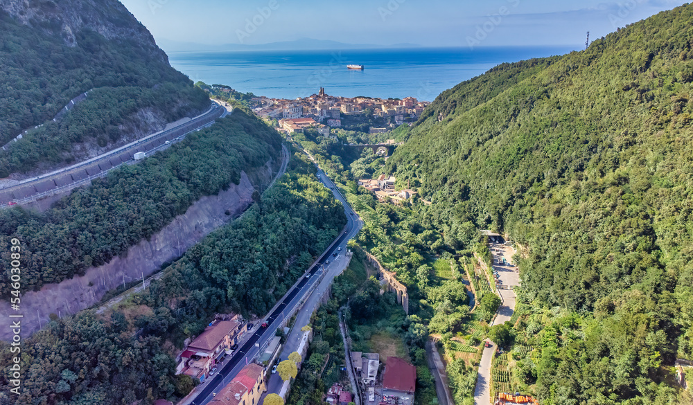 Beautiful aerial view of Vietri sul Mare along the Amalfi Coast in summer season, drone viewpoint.