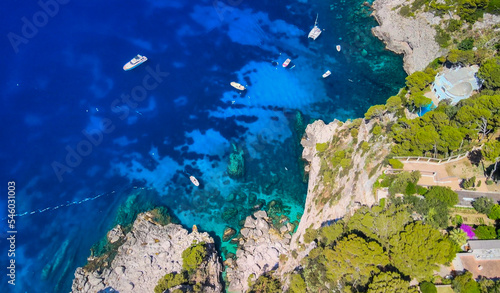 Amazing aerial view of Capri Island coastline in summer season, Italy. Drone viewpoint