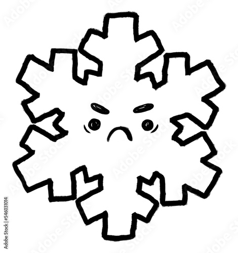 An evil snowflake. Doodle drawing, a snowflake hating winter. Funny print with humor. A black silhouette, a careless outline with a marker. A winter character with a stern face. Creative design