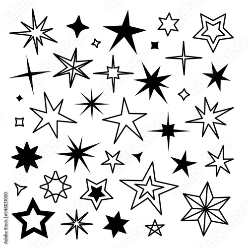 doodle Star icons. Twinkling stars. Sparkles, shining burst. Christmas vector symbols isolated hand drawn style