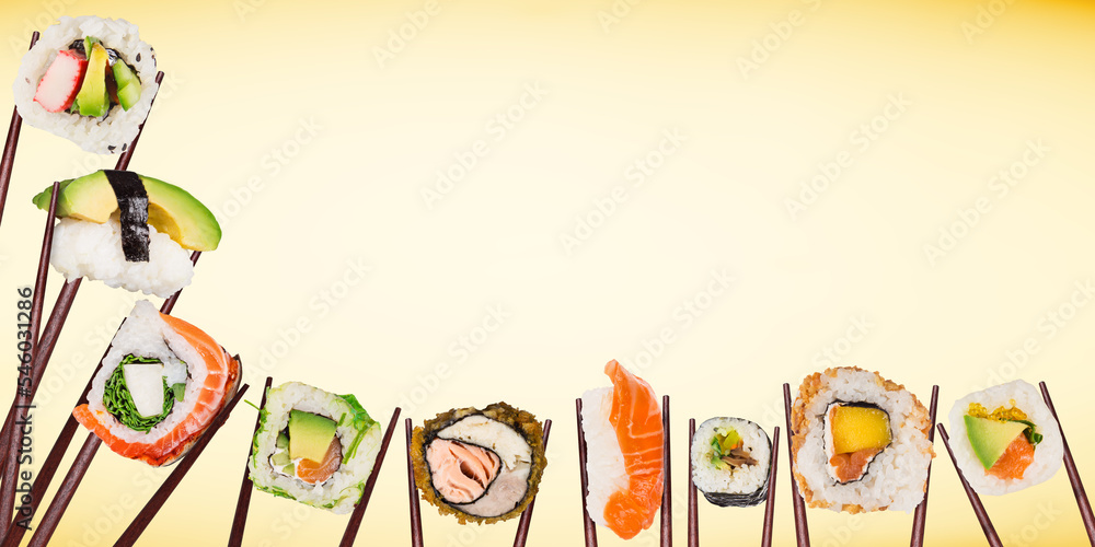 Obraz premium Pieces of delicious japanese sushi frozen in the air. Isolated on pastel beige background