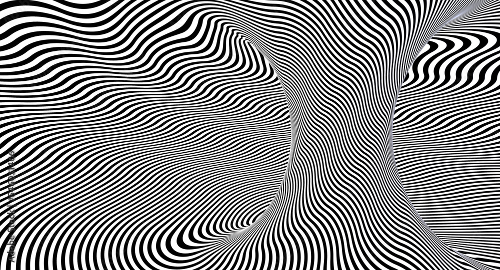 geometric abstract background with curved black and white stripes.