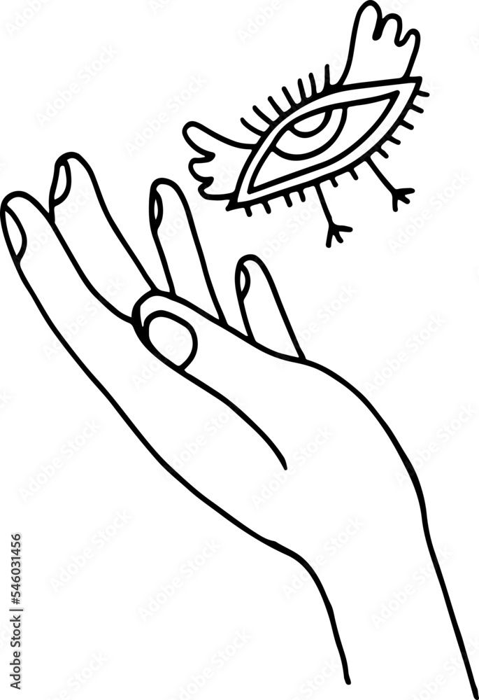 Eye With Wings And Hand. Alchemy Doodle Art. Witchcraft Black And White 