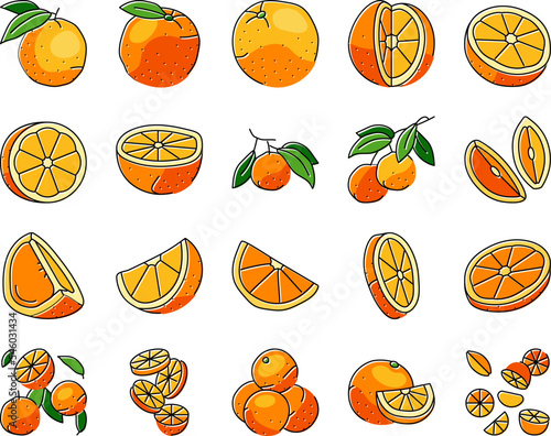 orange citrus fresh slice juice icons set vector