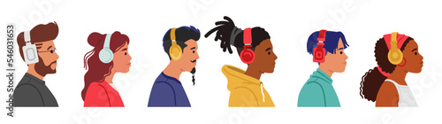 Set Young Stylish Men And Women Wear Headphones Profile View. Trendy Hipster Teenager Characters Vector Illustration