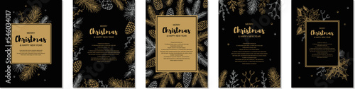 Set of Merry Christmas and Happy New Year vertical invitation templates and greeting cards with hand drawn golden evergreen branches and cones on black background. Vector illustration in sketch style