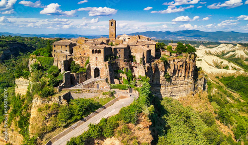 Amazing aerial view of Civita di Bagnoregio landscape in summer season, Italy. This is a famous medieval italian town photo