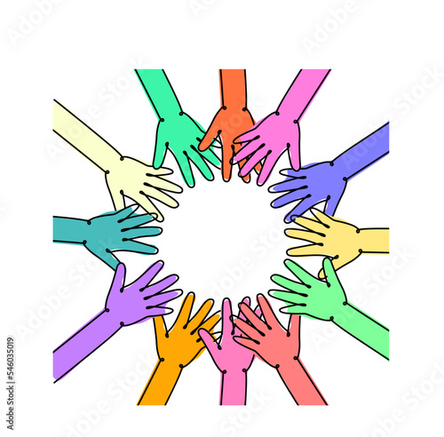 The concept of equality, diversity and inclusion. Multicolored hands form a circle