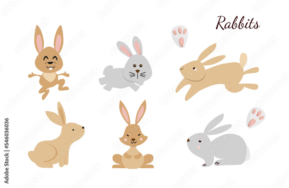 Chinese New Year 2023 of the rabbit. Set of cute bunnies in different poses in cartoon on white background. Hares fits for designing kids clothes, greeting cards, banner, poster. Vector illustration