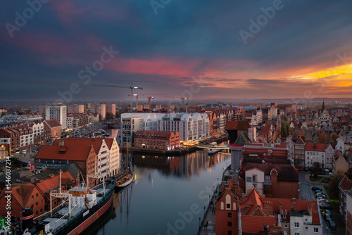 Beautiful Gdansk city over the Motlawa river at sunset. Poland