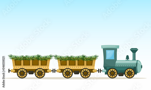 Cute Christmas train, locomotive with cars on blue gradient background. Vector illustration.
