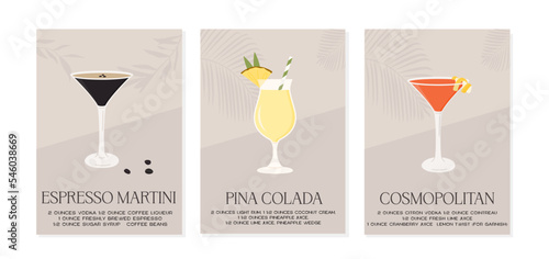 Set of summer aperitif recipe minimalist home decor posters. Espresso Martini, Pina Colada and Cosmopolitan in garnished glass with ice. Wall art print with alcoholic beverage. Vector illustration.