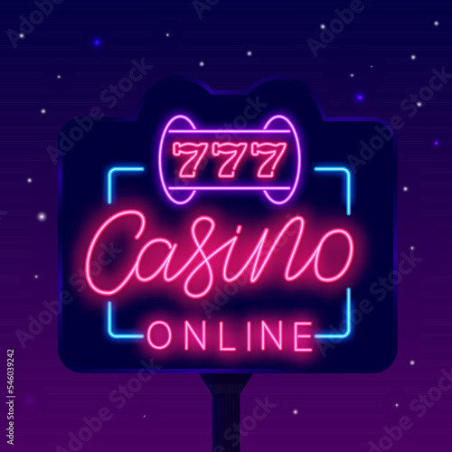 Casino online neon street billboard. Slot machine with jackpot. Internet game label. Vector stock illustration