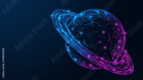 Futuristic planet Saturn. Low-poly design of lines and dots. Blue background.