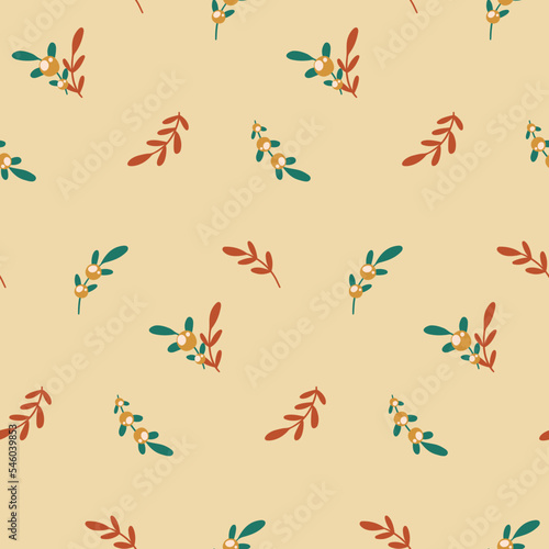 Seamless floral pattern with vintage motif. Pretty ditsy print, cute botanical background with small hand drawn sprigs of berries, leaves in a simple arrangement on a light background. Vector.