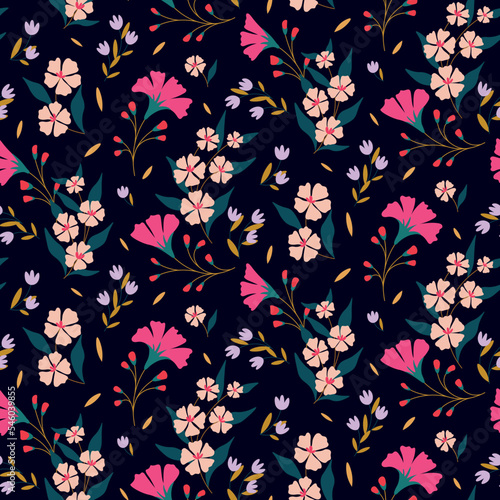 Seamless floral pattern with fairy garden, decorative wild plants in abstract arrangement on dark background. Cute flower print, pretty botanical design with small flowers, branches, leaves. Vector.