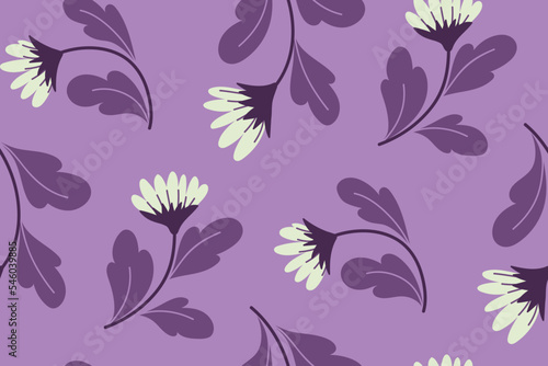 Seamless floral pattern with decorative flowers branches in an abstract composition. Simple flower print with hand drawn wild plants, large flowers, leaves on stems. Vector botanical illustration.