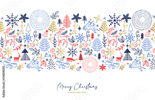 Merry Christmas and New Year hand drawn winter elements card