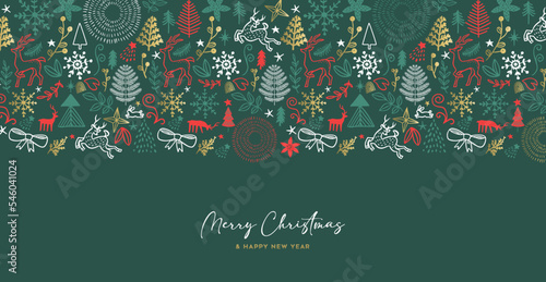 Merry Christmas and New Year hand drawn doodle green banner illustration