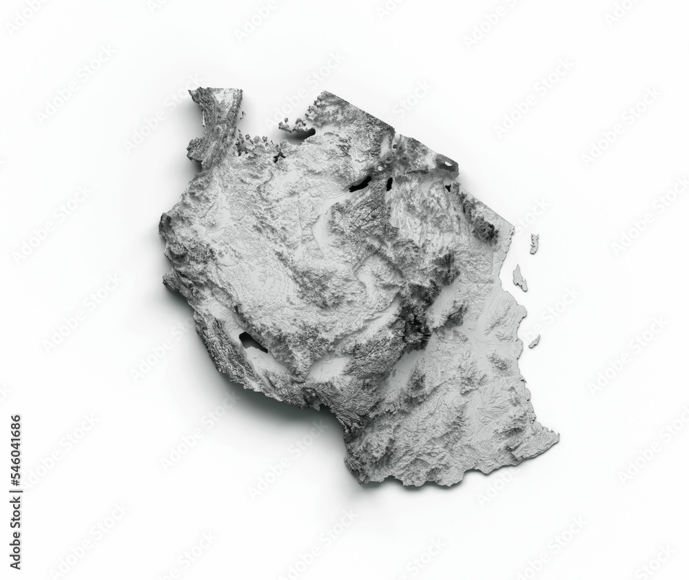 Fototapeta premium 3d rendering of a Tanzania map with shaded relief isolated on white background